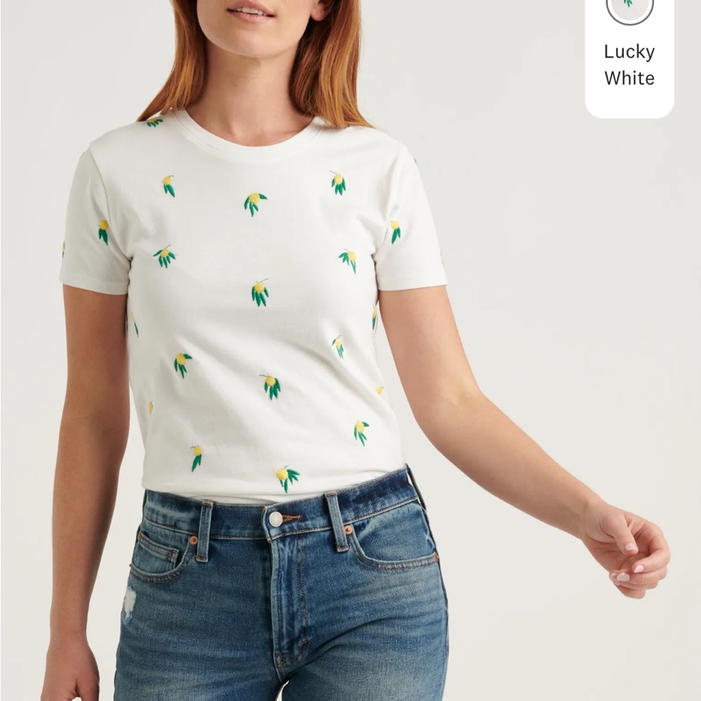 Lucky Brand Off-White Tee with Yellow and Green Floral Embroidery
